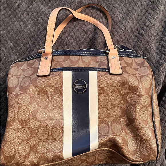 Coach | Bags | Coach Authentic Tan White Blue Handbag | Poshmark